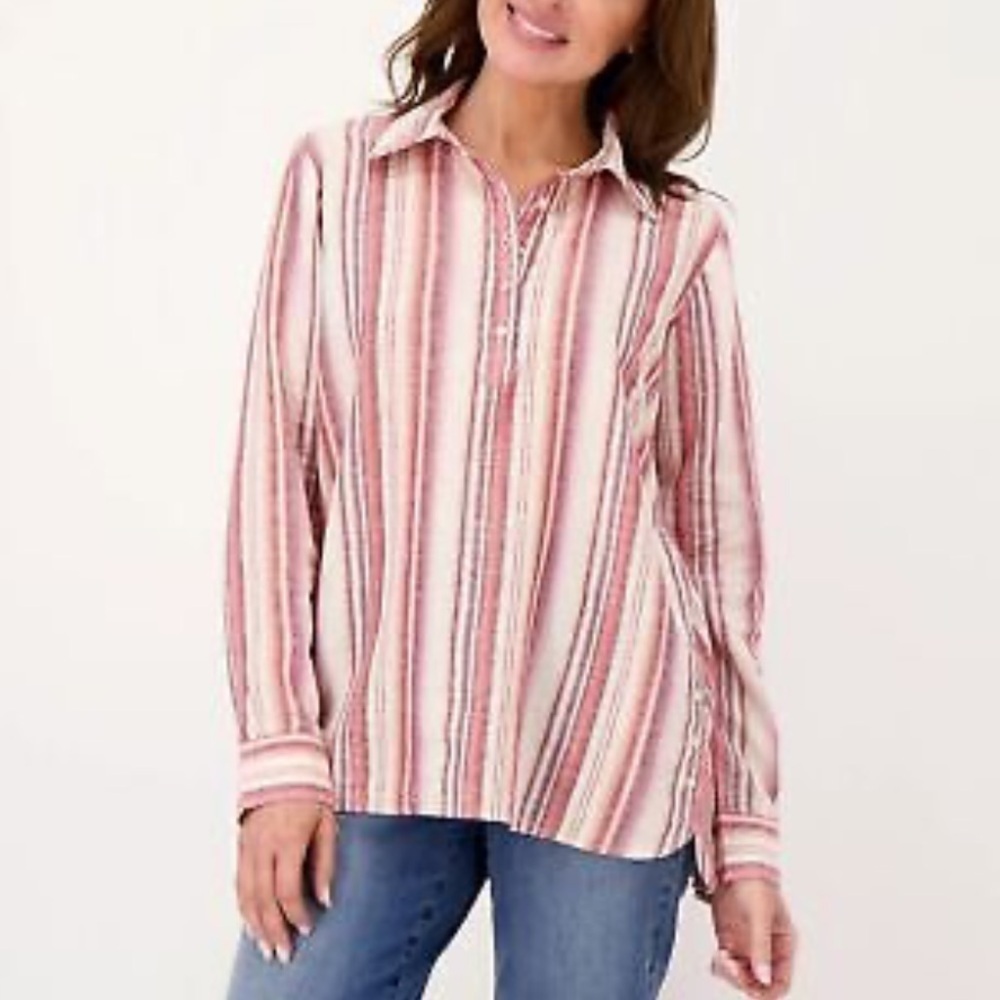 Denim & Co. Naturals Linen Blend Striped Side Button Blouse
